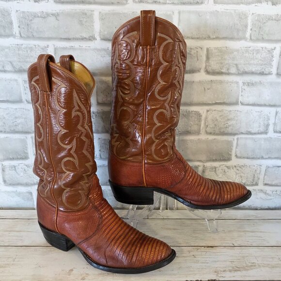 Vintage Tony Lama Iguana Lizard Boots Western Cowboy Mens 7 D Brown Distressed - Picture 1 of 11